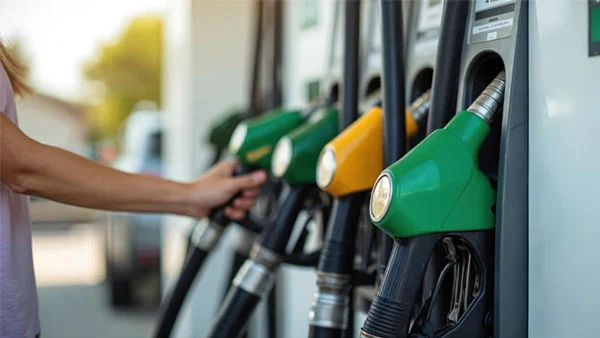 A person refueling at a gas station, selecting a green fuel nozzle from a row of color-coded pumps.